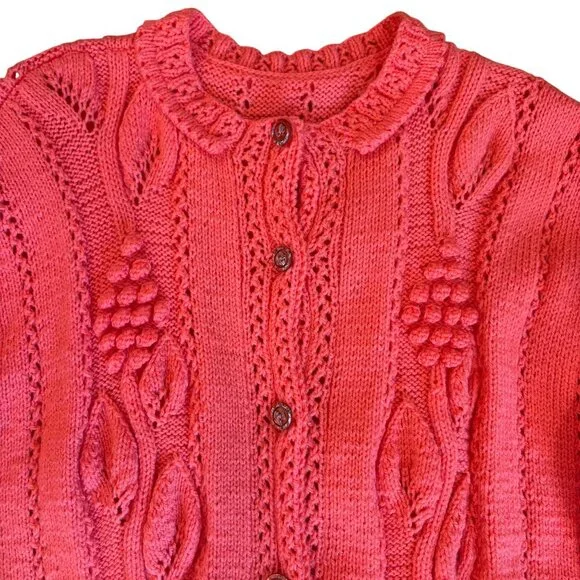 Vintage Hand-Knit Coral Cardigan Sweater Leaf Bobble Cozy Grandma Knubby Cottag - Picture 2 of 7